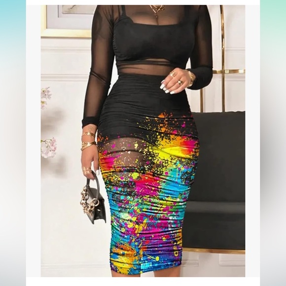 🎀NWT Women Sexy Mesh Long Sleeve Ruched Midi Dress Crop Top Skirt 3 Piece - Picture 2 of 5